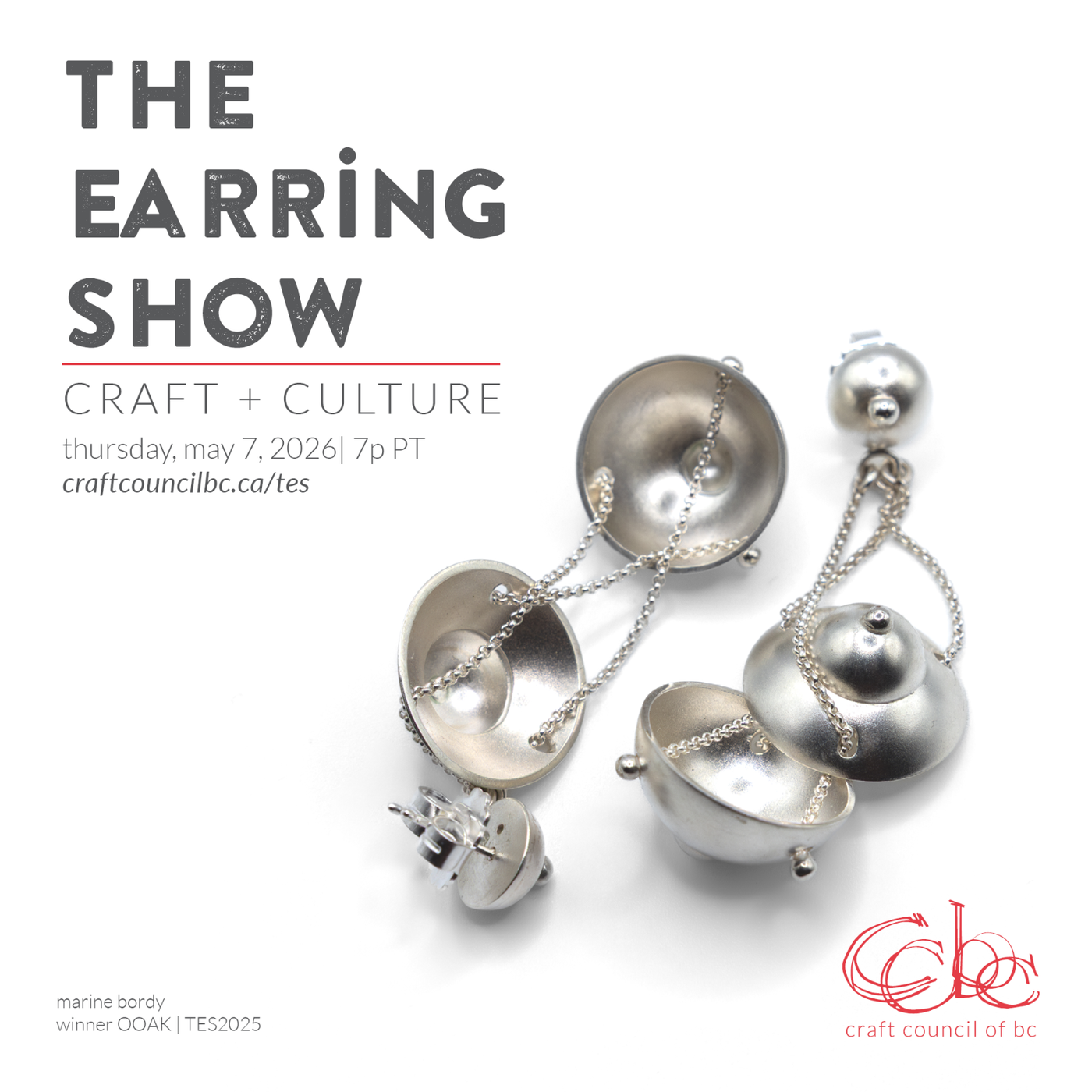 The Earring Show 2026 poster, hosted by the Craft Council of BC.