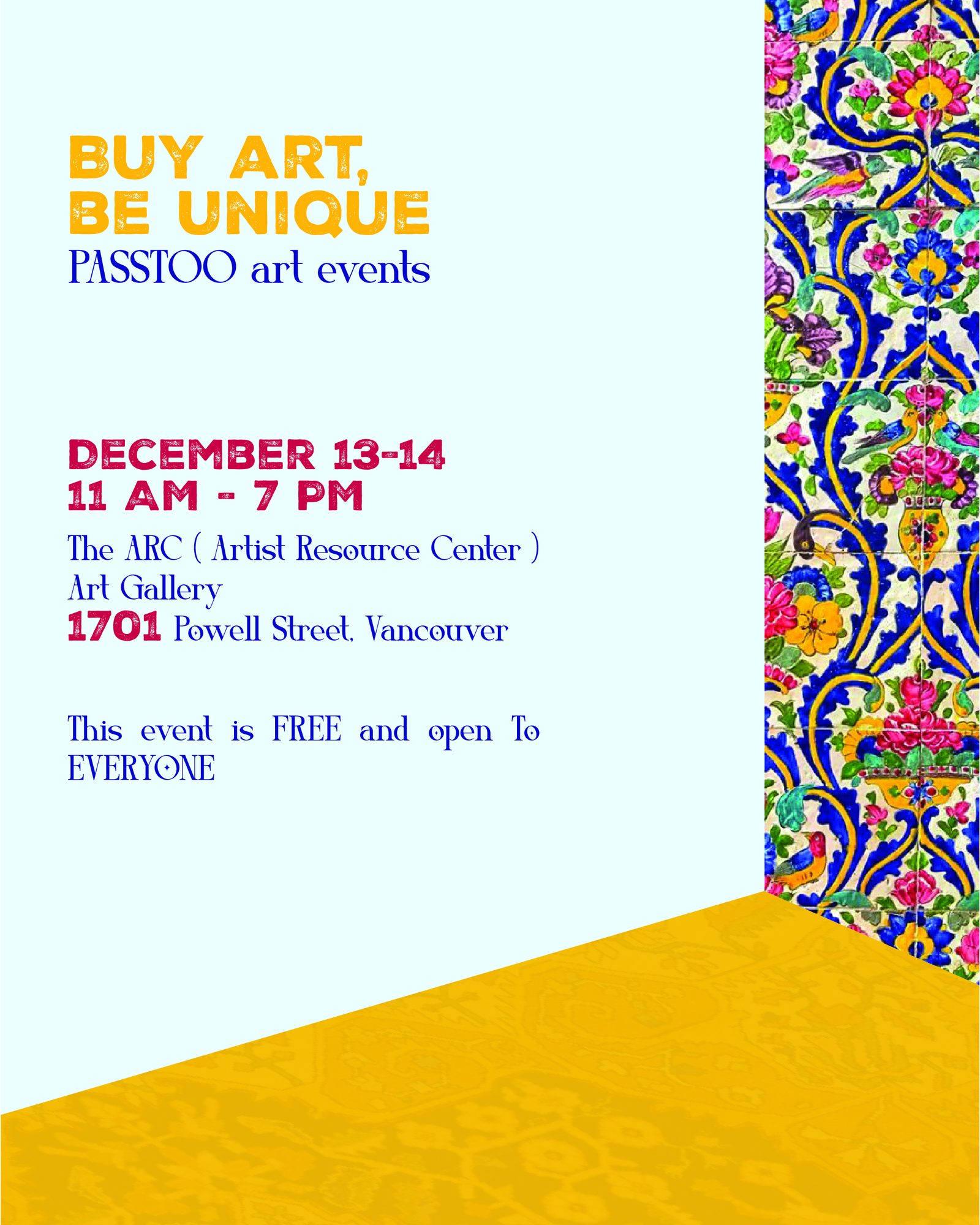 PASSTOO art events 'Buy Art, Be Unique' poster, December 2025, Vancouver.