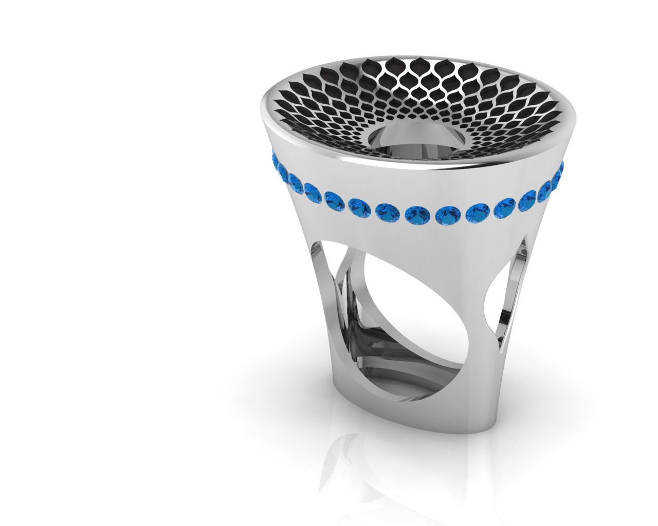 Iranian architecture-inspired 3D jewelry featuring dome design with blue topazes