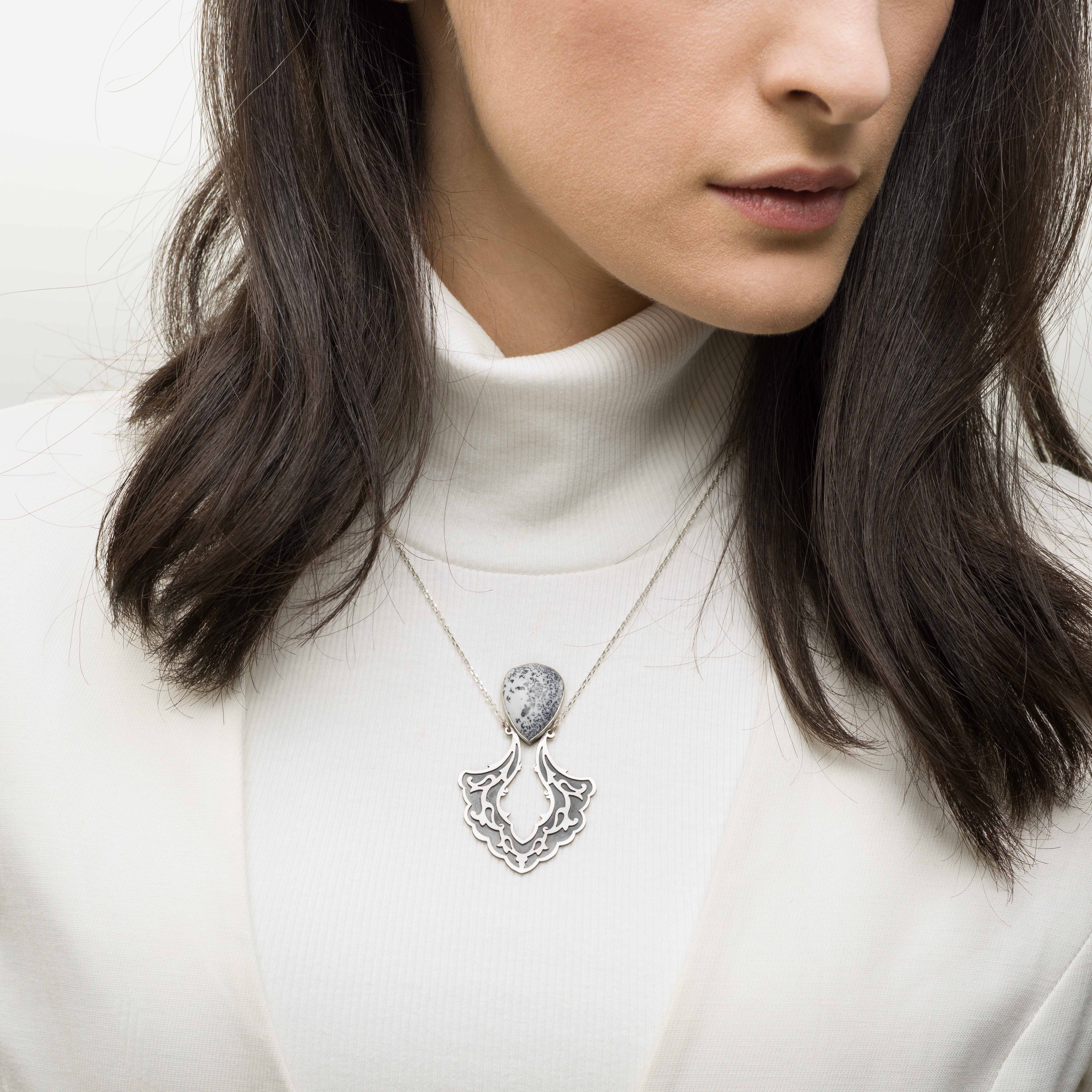 Handcrafted Persian Carpet jewelry with dendritic agate and silver